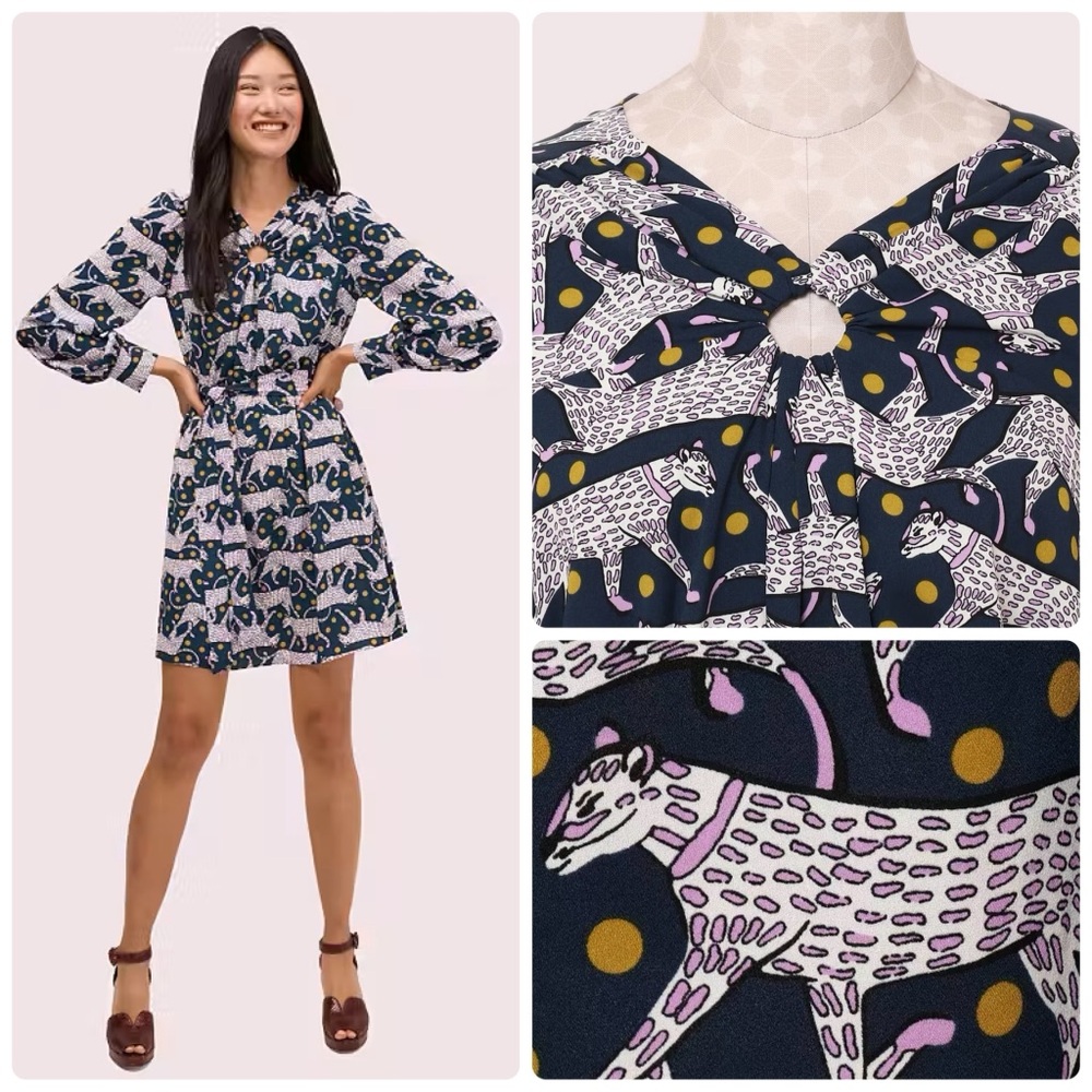 Kate Spade Panther Polka Dot Long Sleeve Belted Mini Dress in Hot Springs (Navy)